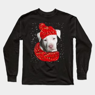 Staffordshire Bull Terrier Wearing Red Hat And Scarf In Snow Long Sleeve T-Shirt